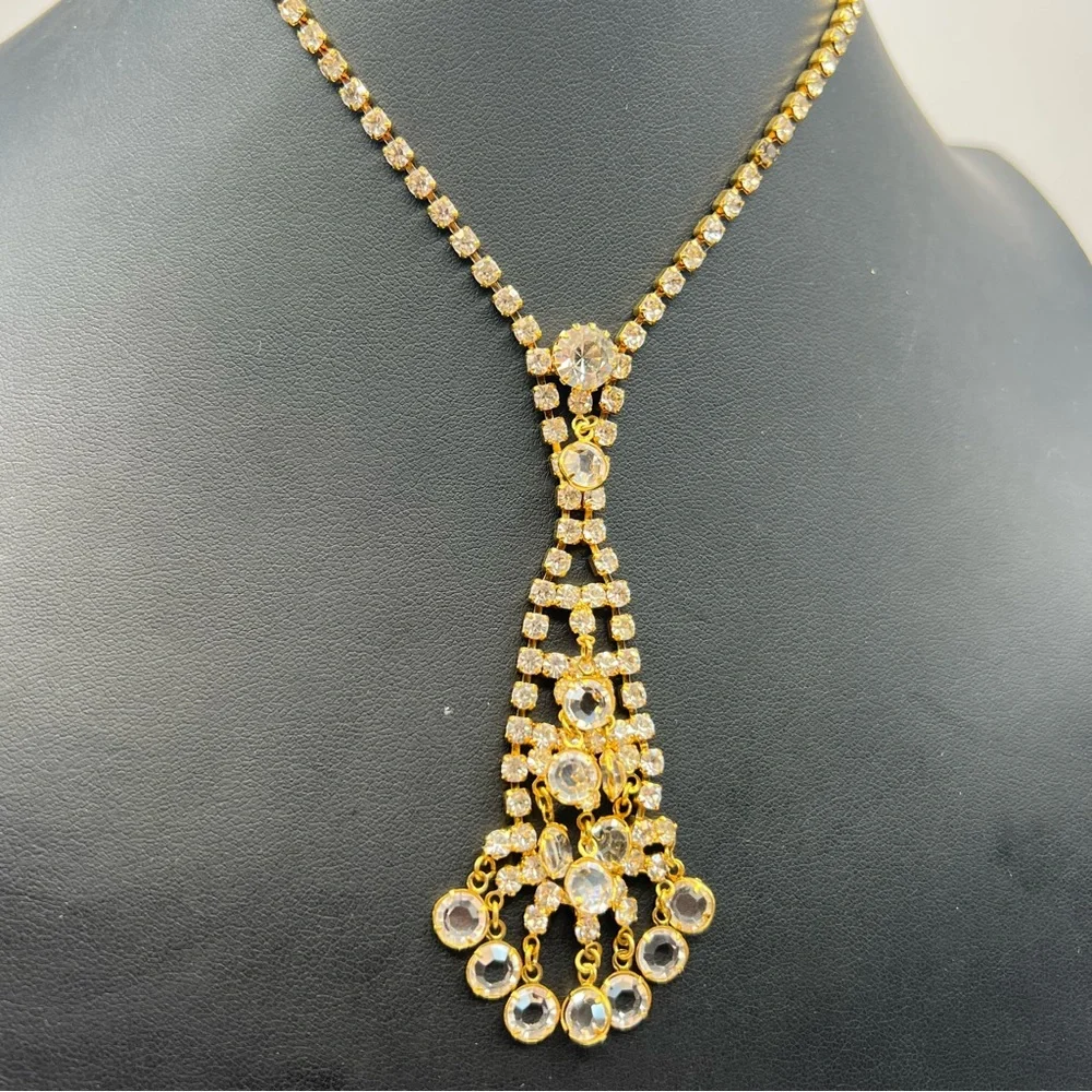 Spectacular Sparkling Crystal Dangled & Rhinestone Necklace Gold Tone Setting - Picture 3 of 8